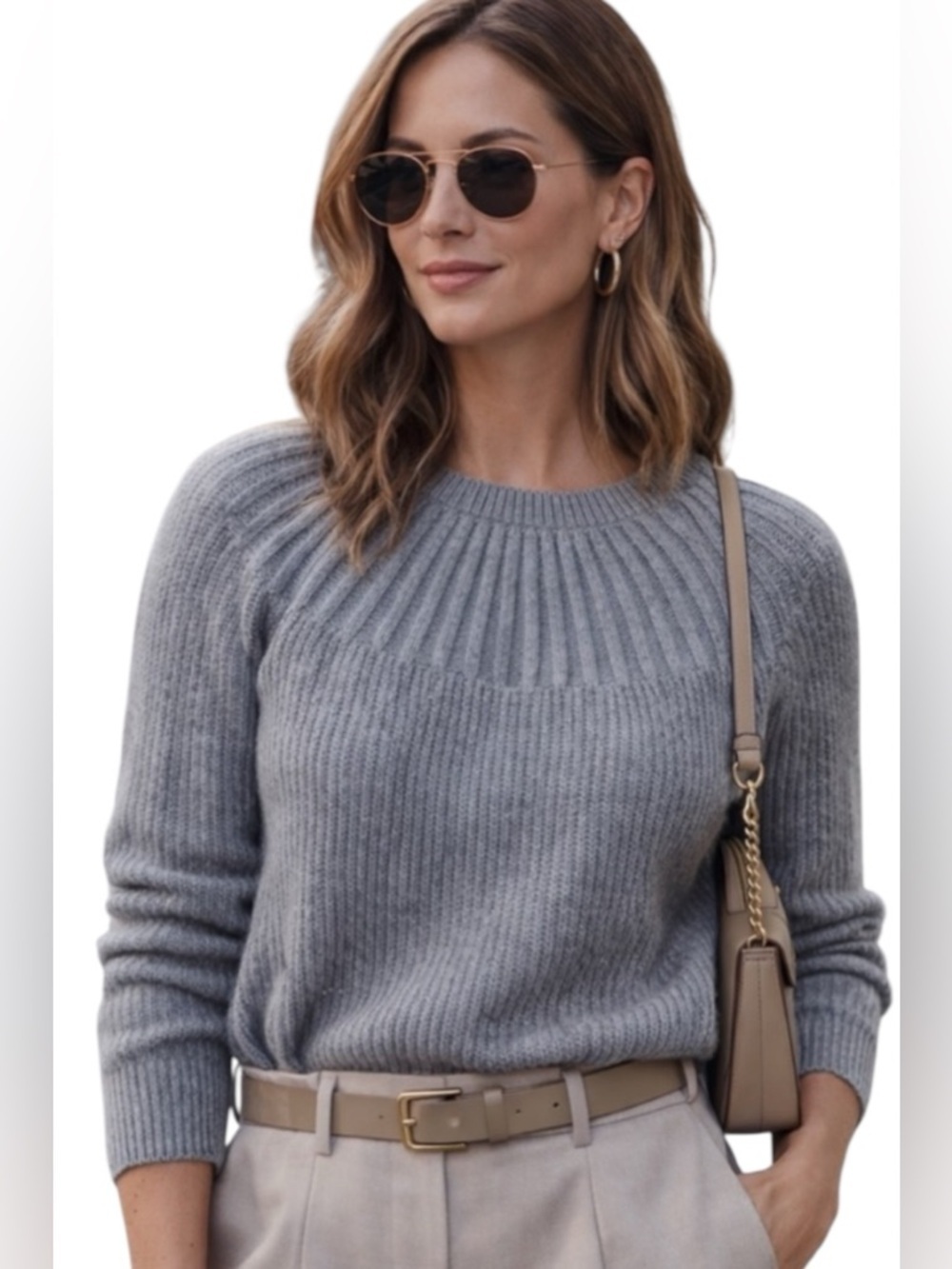 Banana Republic Yoke Waffle Knit Sweater Clear Sequence at Neckline Gray Small